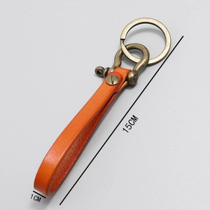 Retro orange leather keychain with bronze ring, handmade car accessory, 15cm x 1cm