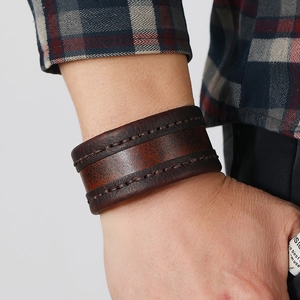 Retro wide dark brown leather bracelet with parallel hand-stitched details for men and women