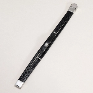 Men's multi-layer black braided leather bracelet with silver steel clasp and matte plaque
