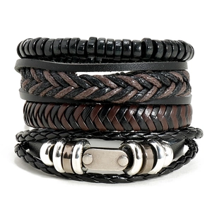 Men Vintage Punk Braided Artificial Leather Bracelet Set Handcrafted Wax Cord Wood Beads Multi-Layer Wrap Bangle Jewelry
