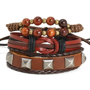 Men Retro Punk Hip Hop Braided Leather Bracelet Set Cowhide Wood Bead Alloy Studded Multi-layer Adjustable Hand Jewelry