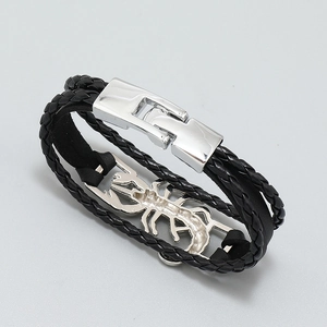 Fashionable men's woven black leather scorpion bracelet with silver metal buckle closure