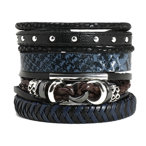 Men Multi-Layer Leather Bracelet Collection Braided PU Wax Cord Alloy Rivet Infinity Symbol Punk Rock Stacked Jewelry