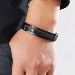 Men's minimalist multi-layer woven black leather bracelet with matte metal plate on wrist