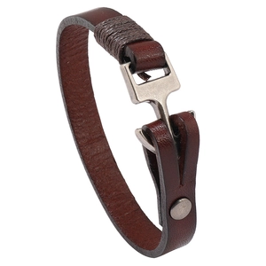 Minimalist dark brown leather anchor bracelet with silver metal studs and wrap detail