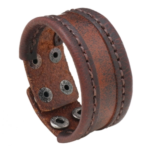 Vintage Handmade Stitched Cowhide Leather Bracelet Punk Rock Wide Wrap Bangle With Adjustable Snap Button Unisex Jewelry Gift