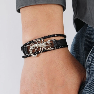 Men's punk leather bracelet with silver scorpion charm and braided black cord