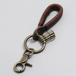 Handmade vintage brown leather car keychain with antique bronze metal ring and lobster clasp