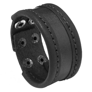 Minimalist wide black leather bracelet with manual stitching and adjustable metal snaps