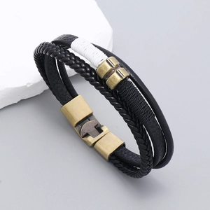 Men's multilayer braided leather bracelet with vintage bronze magnetic clasp and wrap detail