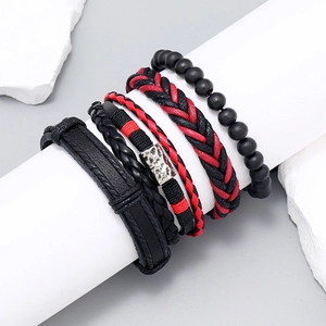 Five-piece handmade bohemian multilayer leather bracelet set in red and black colors