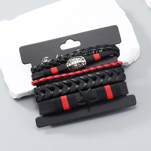 Handmade multilayer braided leather bracelets set for men with silver turtle and star charms