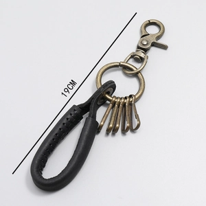 Handmade woven vintage leather keychain with bronze hooks in 19cm length for car keys