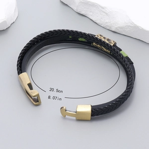 Detail of multi-layer leather bracelet with gold textured clasp and 20.5cm size mark