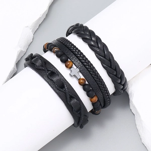 Men's 4-piece black woven leather bracelet set with tiger eye beads and silver cross