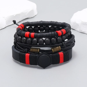 Lot de 4 bracelets multicouches en cuir bohème avec perles et breloques hexagonales