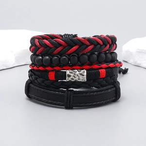 Handmade Bohemian multilayer leather bracelet set with woven ropes and matte black beads
