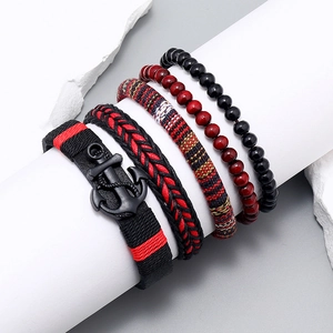Handmade Bohemian 4-piece bracelet set with anchor charm and red bead accents