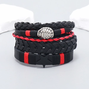 Five-piece multi-layered woven leather bracelet set with retro metal beads and star pendant