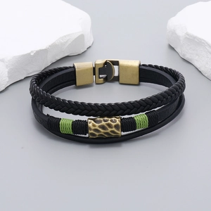 Three-layer retro braided leather bracelet with bronze hammered metal tube for men