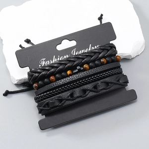Men's 3-piece black braided leather bracelet set with tiger eye beads and cross charm