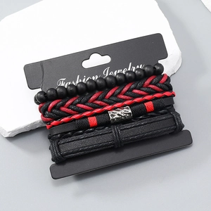 Bohemian multilayer braided leather bracelet set with red wood beads and silver accents