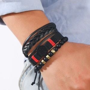 Bohemian multi-layer leather bracelet set for men with eagle emblem and woven textures