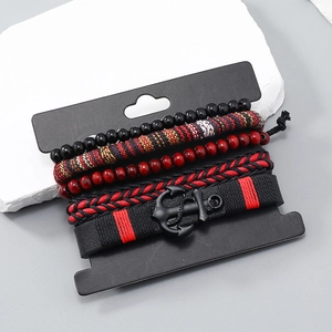 Bohemian multilayer leather bracelet set with anchor charm and braided ethnic beads