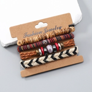 4-piece bohemian handmade woven bracelet set with wooden beads and ethnic patterns