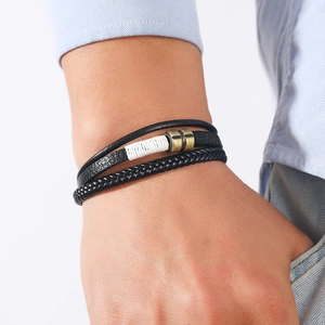 Men's multilayer braided leather bracelet with vintage bronze charms in casual style