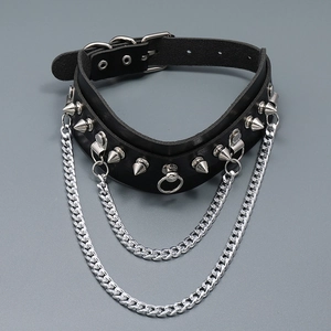 Punk black leather choker with silver spiked studs and layered metallic double chains