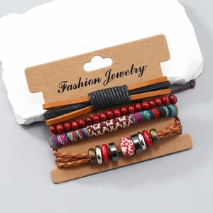 4-piece bohemian handmade woven leather bracelet set for men and women on card