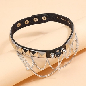 Punk black leather choker with silver square studs, spikes, and four-layer metal chains