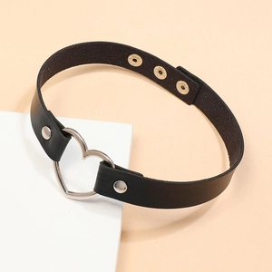 Punk style black leather choker featuring a silver heart ring and adjustable metal snaps