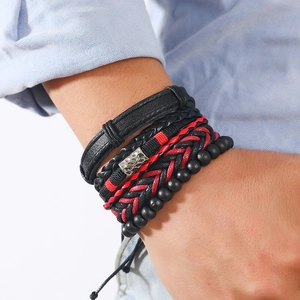 Handmade Bohemian multilayer leather bracelet set with woven ropes and black matte beads