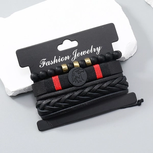 Macro detail of multi-layer woven leather bracelets featuring a round eagle crest pendant