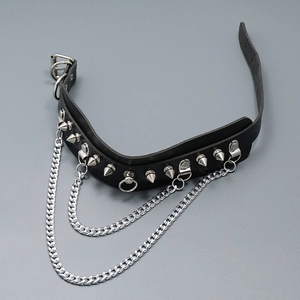 Punk black leather choker necklace with silver metal spikes and double layered chains