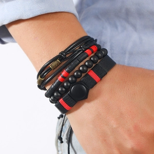 Ensemble de bracelets multicouches en cuir bohème fait main pour homme noir rouge