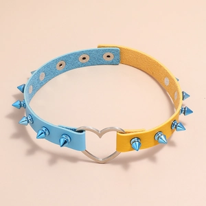 Punk style leather choker necklace with heart metal ring and blue spiked rivets
