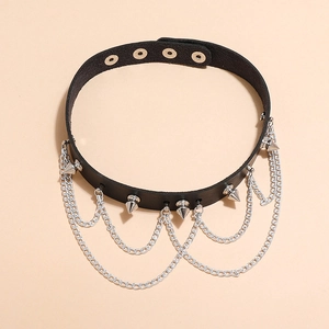 Punk rock black leather choker with silver metal spikes and layered hanging chains