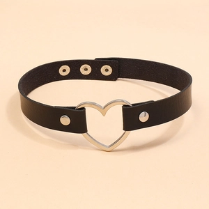 Punk black leather heart choker necklace with silver metal ring and snap button closure