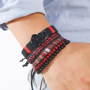 Bohemian 4-piece handmade leather and beaded stacked bracelet set with anchor charm