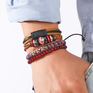 Bohemian multi-layer handmade braided leather bracelet set with red floral ceramic beads