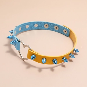 Punk leather choker with yellow and blue stitching, heart ring and blue metal spikes