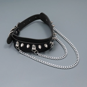 Punk leather choker with silver spikes and double metal chains for street style