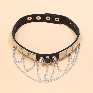 Punk style black leather choker with square metal studs and multi-layer silver chains