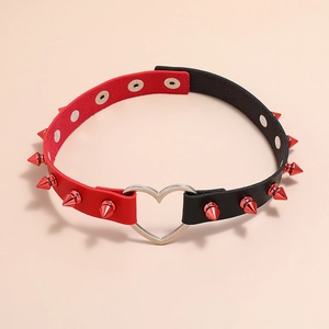 Punk red and black leather choker with silver heart ring and red metallic spikes