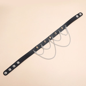 Punk black leather choker necklace with silver conical rivets and tiered metal chains