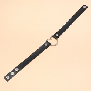 Punk black leather choker necklace featuring a large silver heart ring and button snaps