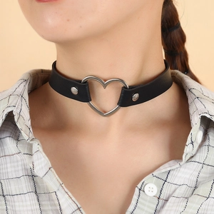 Women's Punk PU Leather Choker Necklace With Large Alloy Heart Ring Adjustable Gothic Harajuku Collar Jewelry For Party